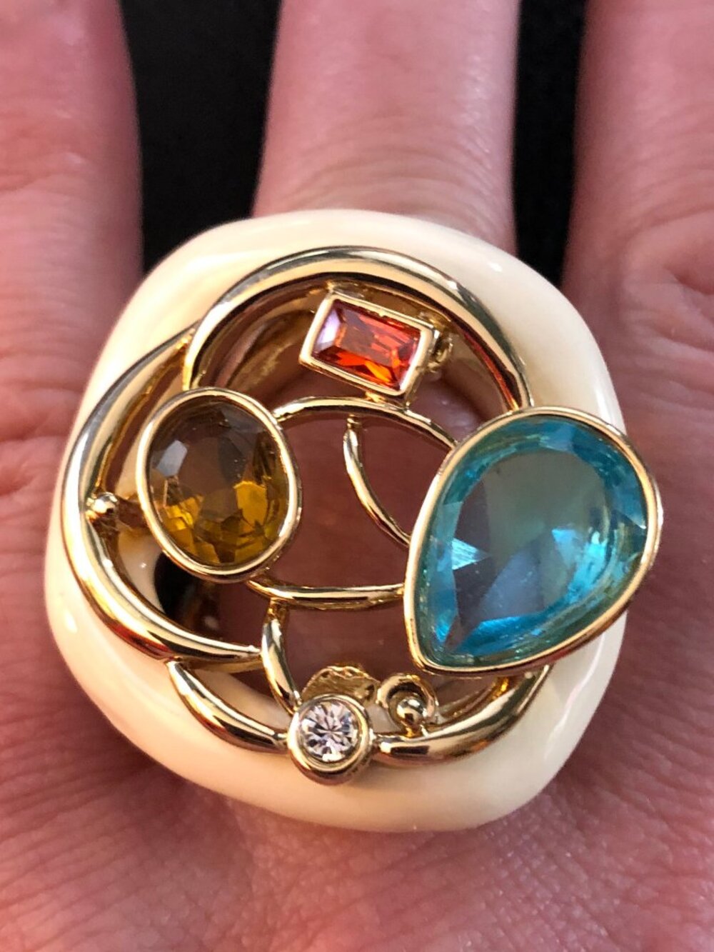 Gold Multicolor Jewel Enamel Statement Ring Designer Camille Lucie France Sz 8